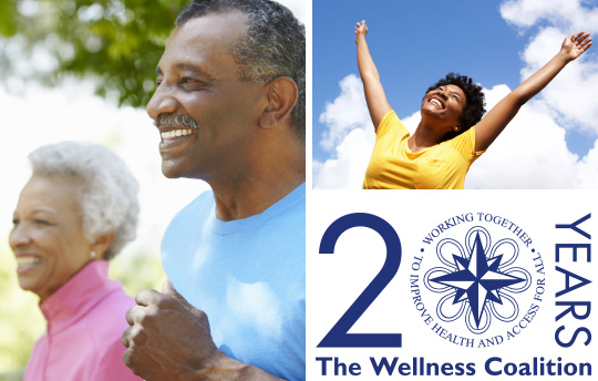 Three together featuring smiling woman arms raised to the sky, older couple jogging, and the Wellness Coalition 20 Years logo.