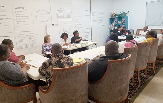 A meeting of people with chart-filled whiteboards, all in high-back chairs.